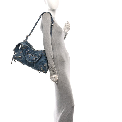 Balenciaga Washed Frayed Denim Crystal Neo Cagole City Handbag Blue 2 of 12