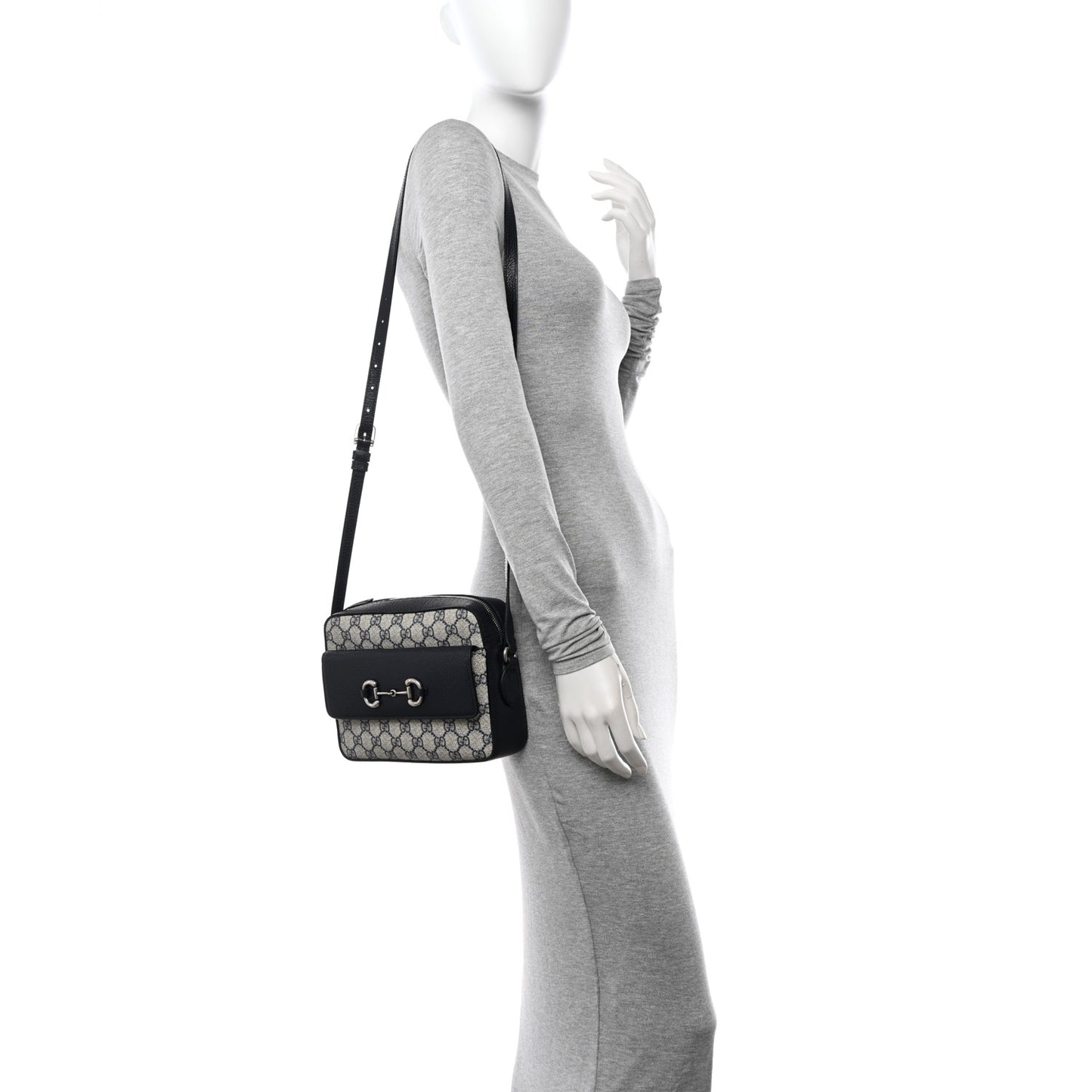 GG Supreme Monogram Textured Dollar Calfskin Small Horsebit 1955 Shoulder Bag Beige Blue