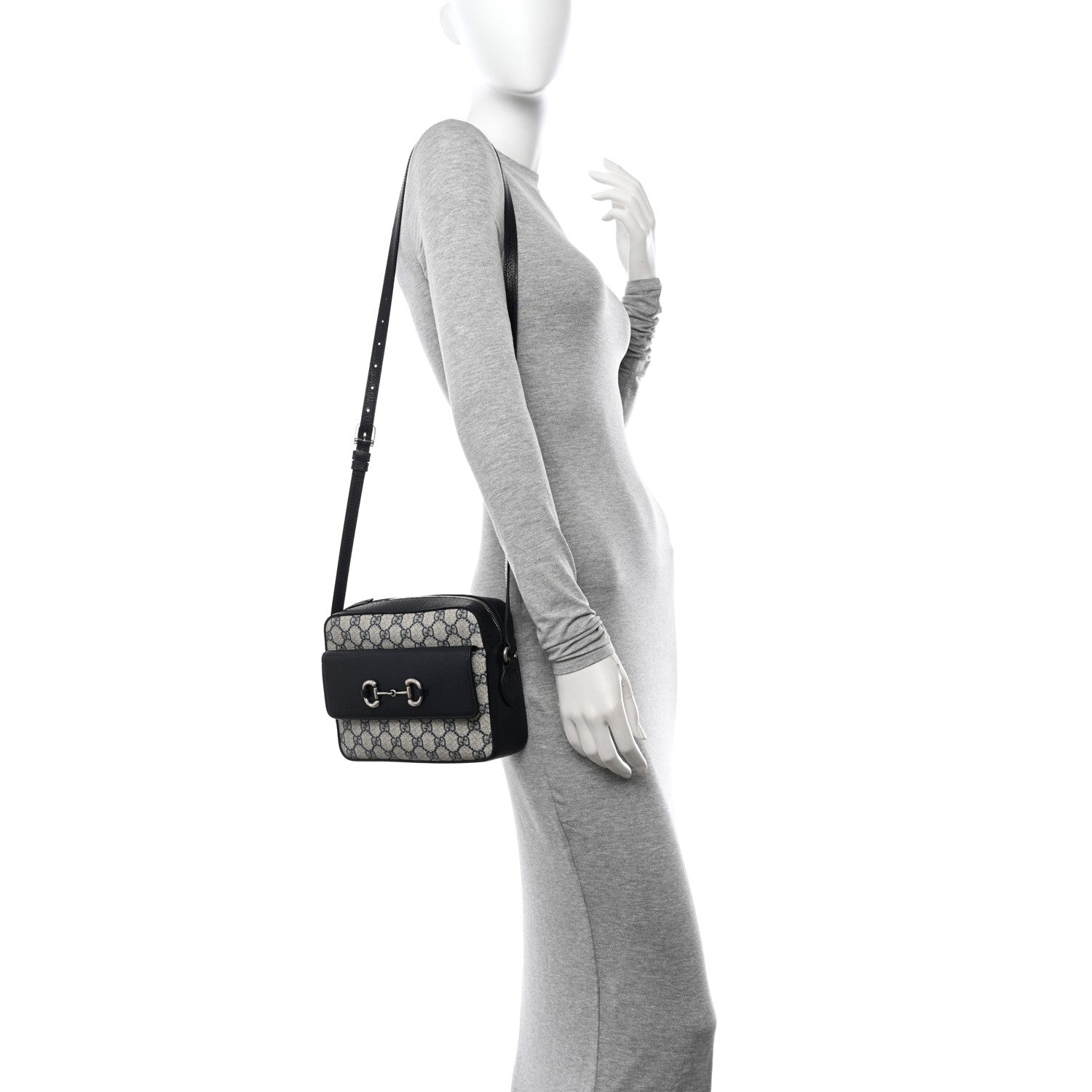 Gucci GG Supreme Monogram Textured Dollar Calfskin Small Horsebit 1955 Shoulder Bag Beige Blue 2 of 10