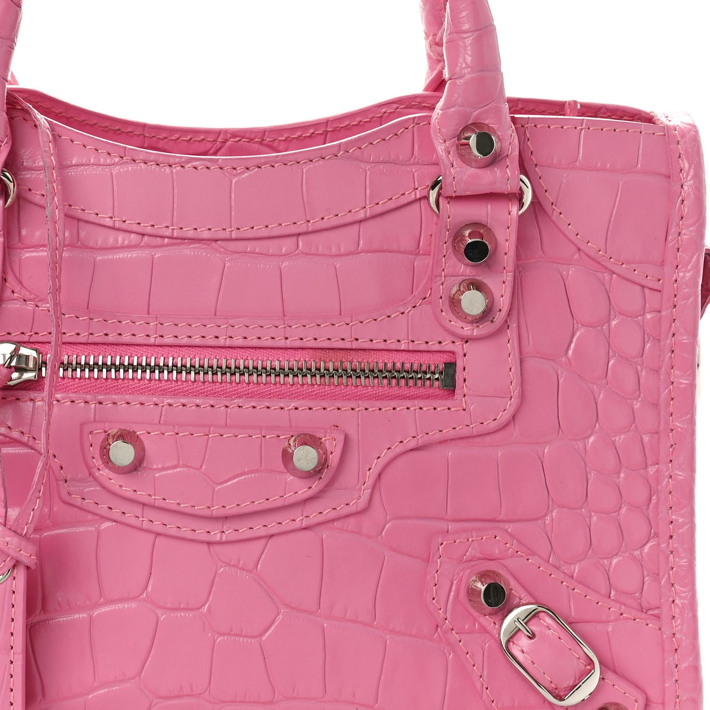 Shiny Supple Calfskin Crocodile Embossed Classic Silver Hardware Mini City Baby Pink