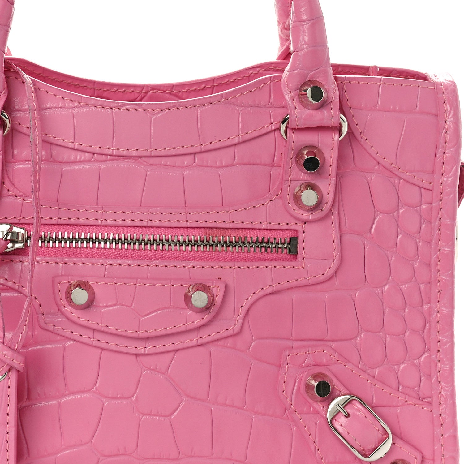 Balenciaga Shiny Supple Calfskin Crocodile Embossed Classic Silver Hardware Mini City Baby Pink 9 of 11