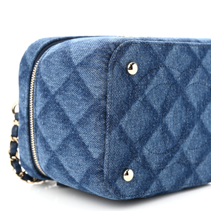 Chanel Printed Denim Quilted Mini Top Handle Vanity Case With Chain Dark Blue 9 of 10
