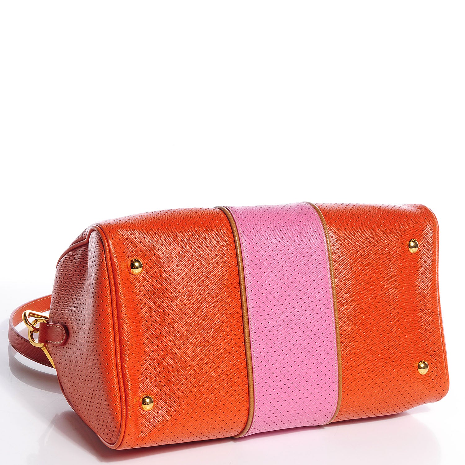 Prada Saffiano Perforated Striped Boston Papaya Caramel 4 of 10