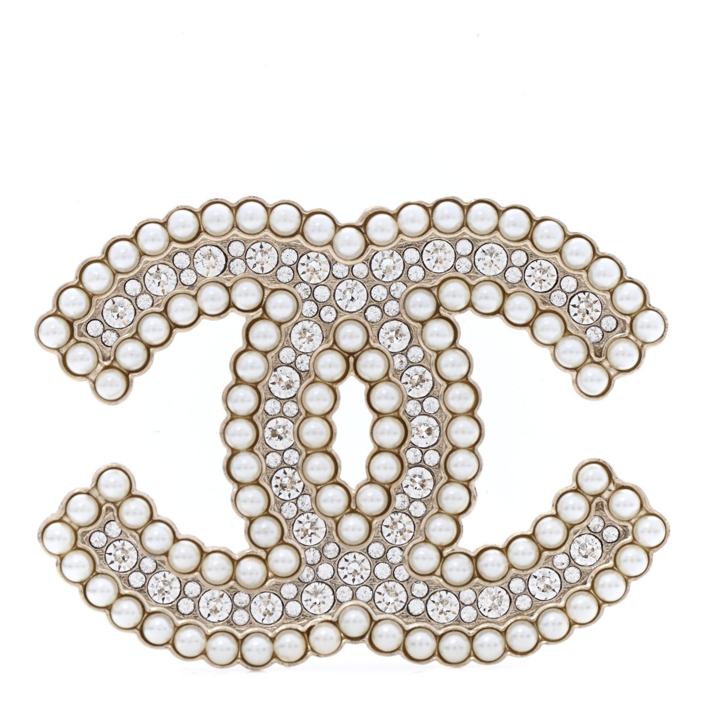Crystal Pearl Multi Row CC Brooch Gold