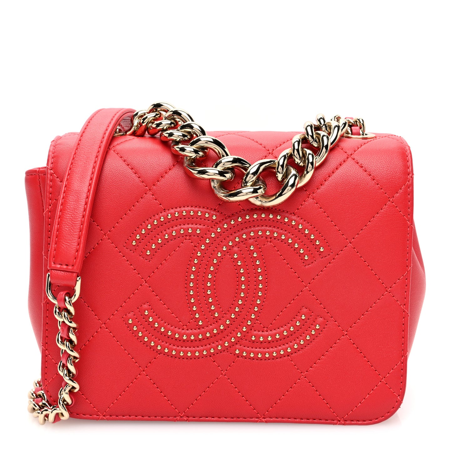 Lambskin Quilted Studded Beauty Begins Flap Red