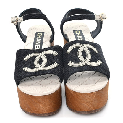 Chanel Fabric Calfskin Platform Wedge Sandals 36 Black 3 of 9