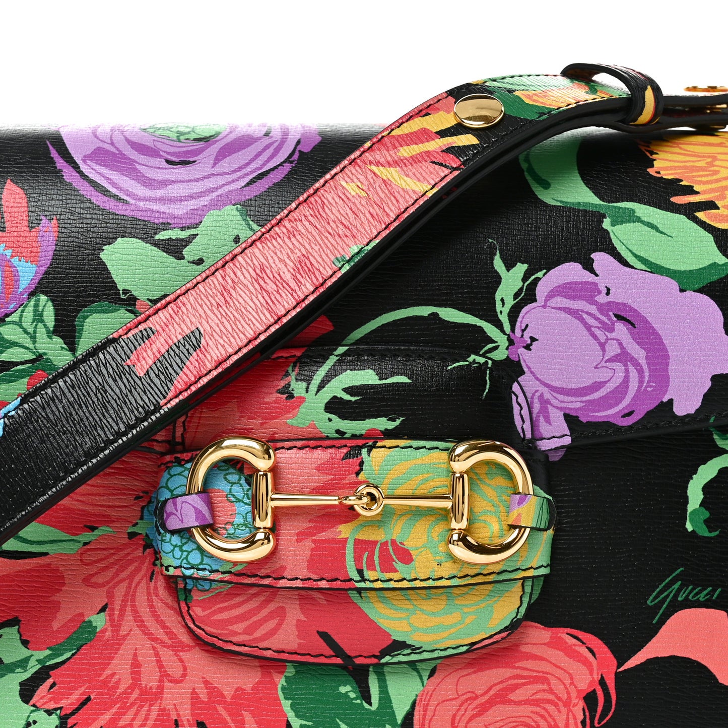 X KEN SCOTT New Shangai Calfskin Jenny Floral Print Horsebit 1955 Shoulder Bag Black Pink