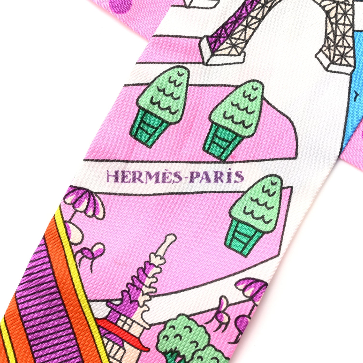 Hermes Silk Les Nouveaux Amoureux de Paris Twilly Rose Buvard White Vert 2 of 8