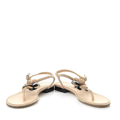 Chanel Suede Patent Calfskin Camellia Thong Sandals 37.5 Beige Black 5 of 11