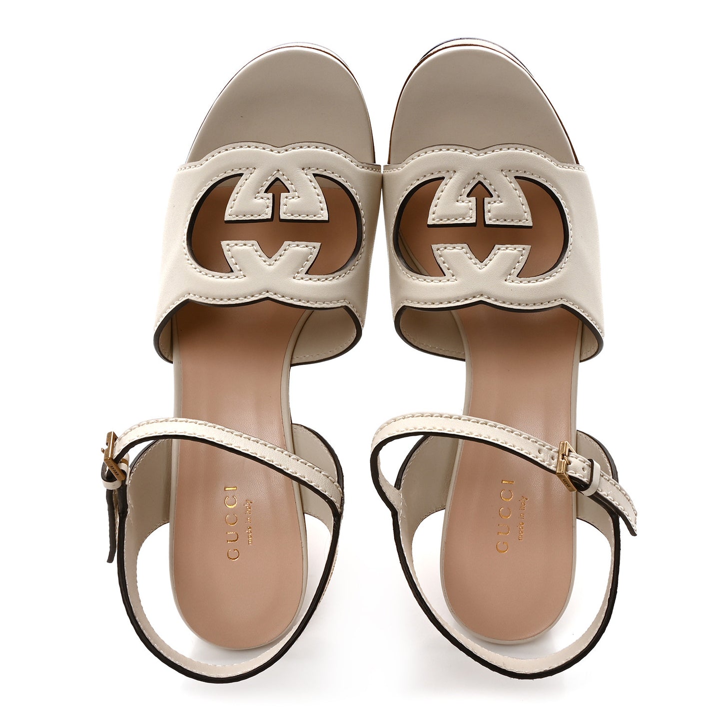 Cosmos Softy Calfskin Wooden Interlocking G Cut-Out 30/120mm Platform Sandals 40 Mystic White
