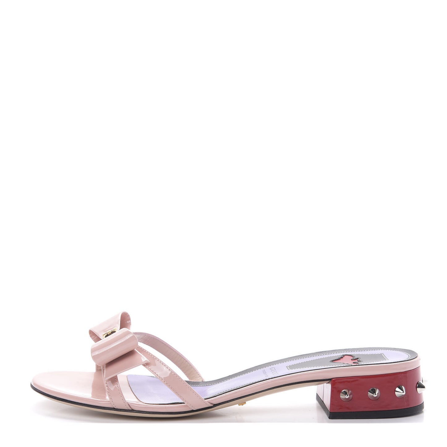 Patent GG Bow Sadie Spike Low Heel Slide Sandals 40 Perfect Pink