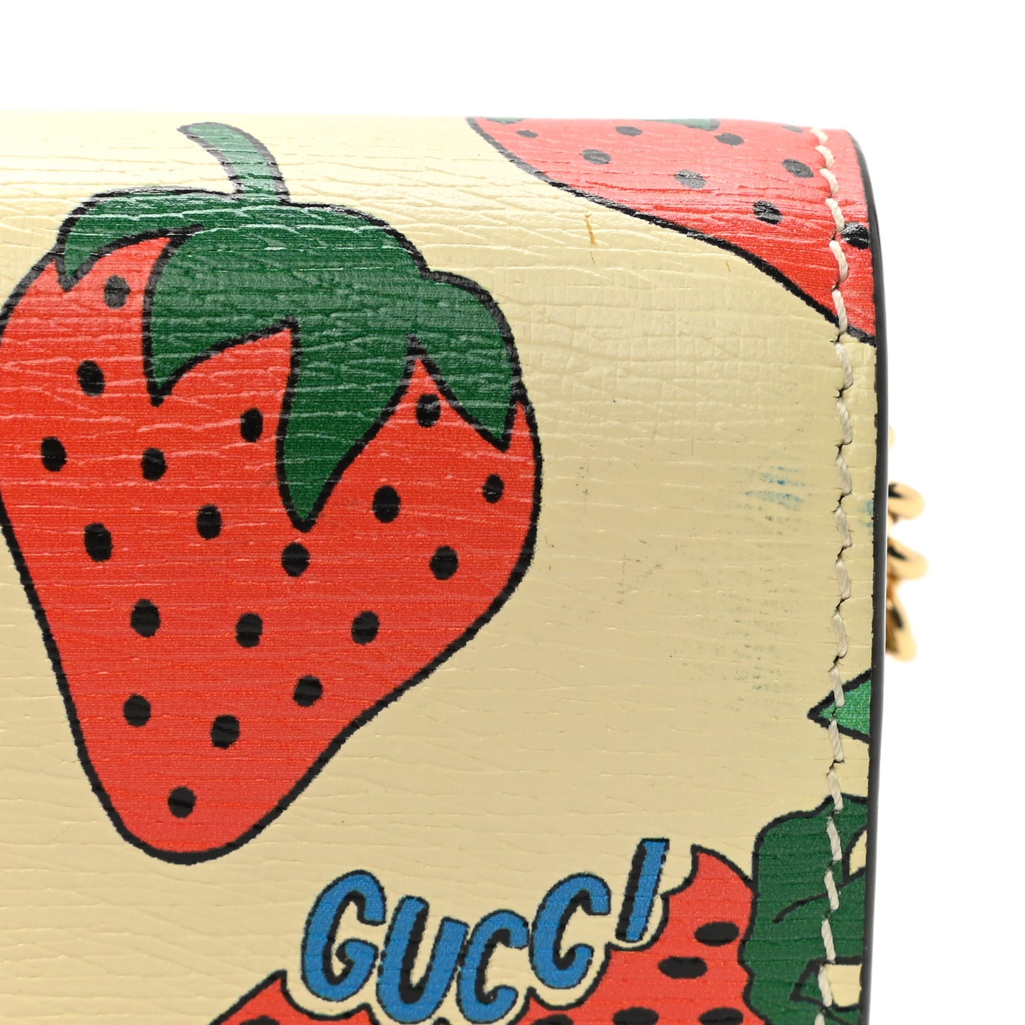 Calfskin Strawberry Print Zumi Chain Card Case Wallet Ivory Red