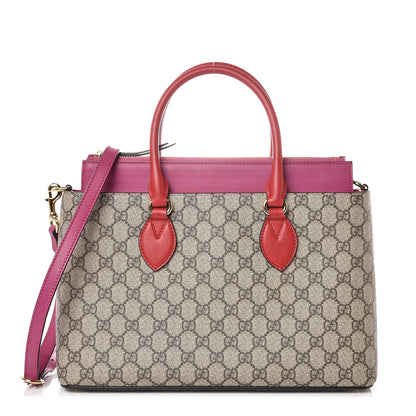 Gucci GG Supreme Monogram Moon Calfskin Small Zip Top Tote Beige Ebony Hibiscus Red New Rosette 1 of 7