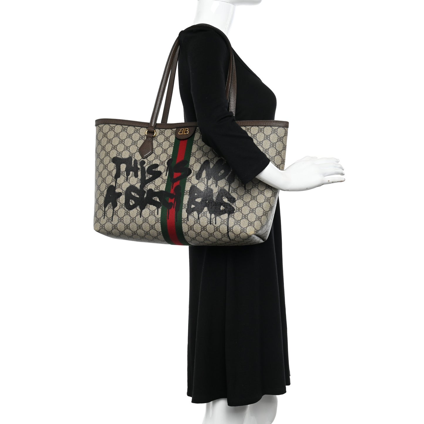 X BALENCIAGA BB Supreme Monogram Web Graffiti Medium Ophidia Shopping Tote Beige New Acero