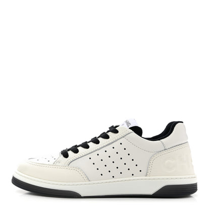Chanel Grained Calfskin Fabric Womens Logo Sneakers 38.5 White Black 1 of 11