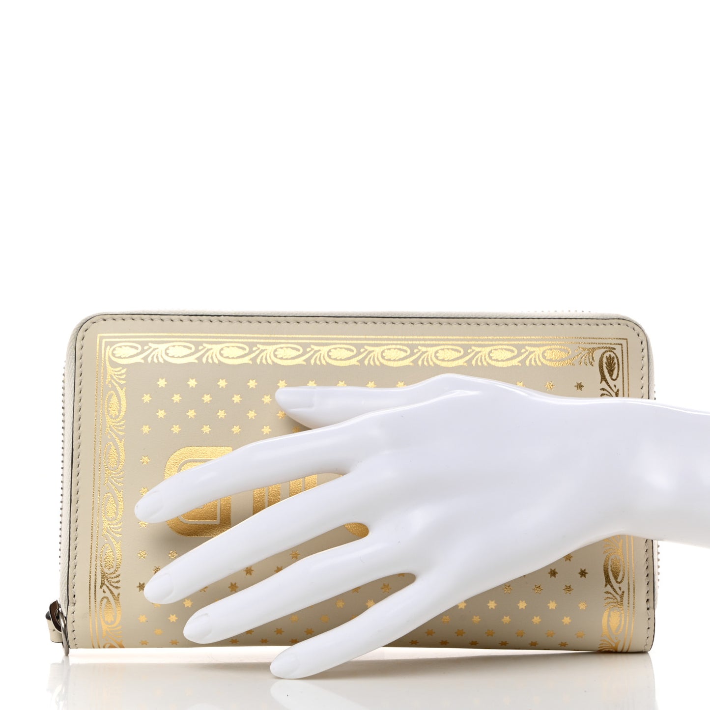 X SEGA Calfskin GUCCY Stars Zip Around Wallet Mystic White Gold