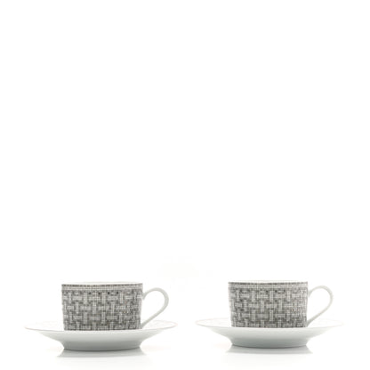 Hermes Porcelain Mosaique Au 24 Platine Tea Cup And Saucer Set Of 2 Platinum 3 of 8