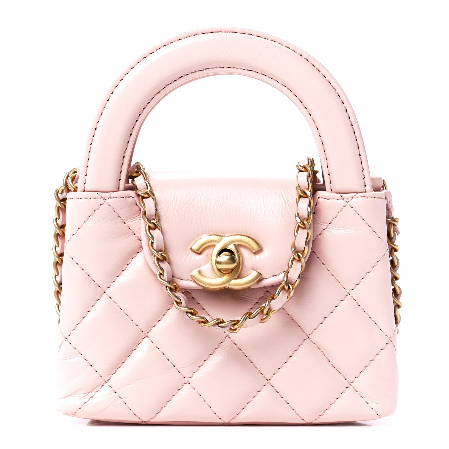 front view image of a CHANEL Shiny Aged Calfskin Quilted Mini Nano Kelly Shopper in the color Pink by FASHIONPHILE
