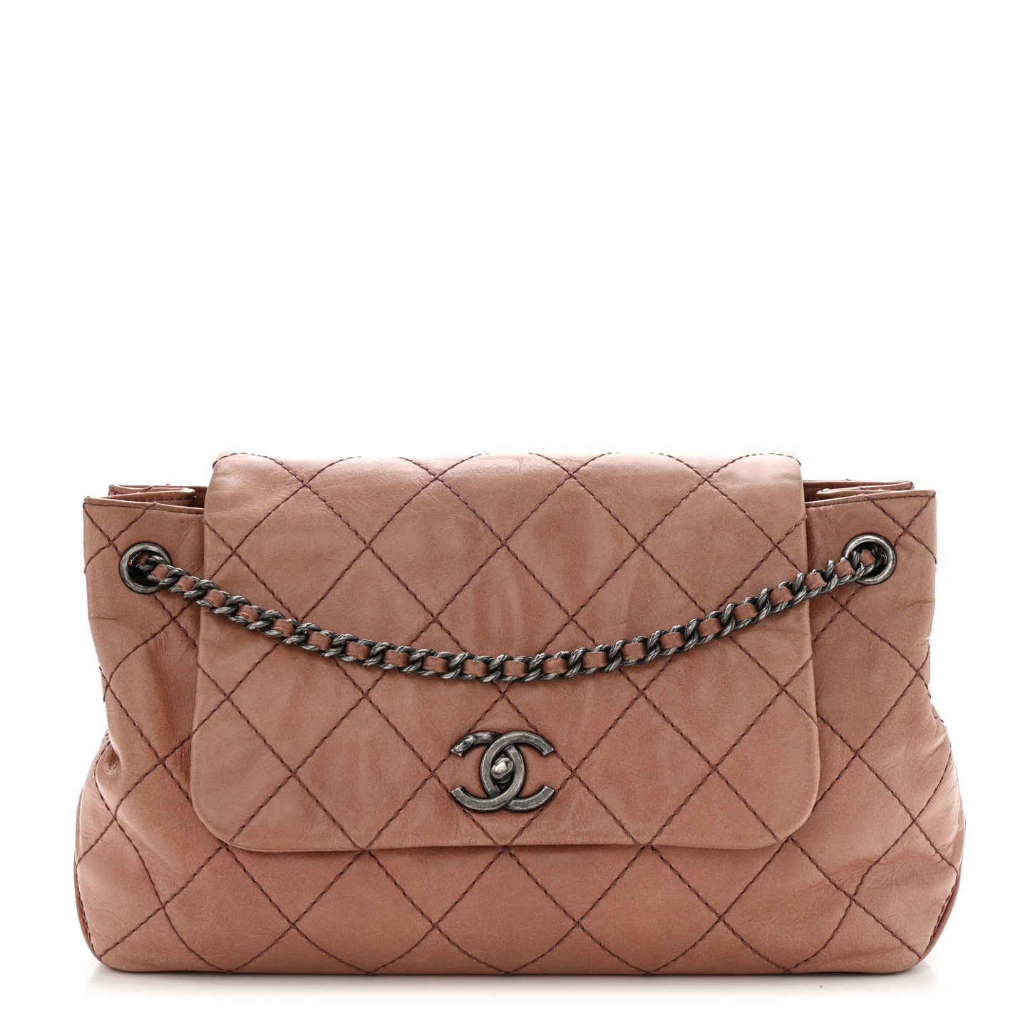 Aged Calfskin Quilted Chain Accordion Flap Dark Pink