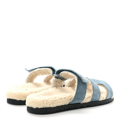 Hermes Suede Goatskin Woolskin Womens Chypre Sandals 40.5 Bleu Pinede Ecru 4 of 8