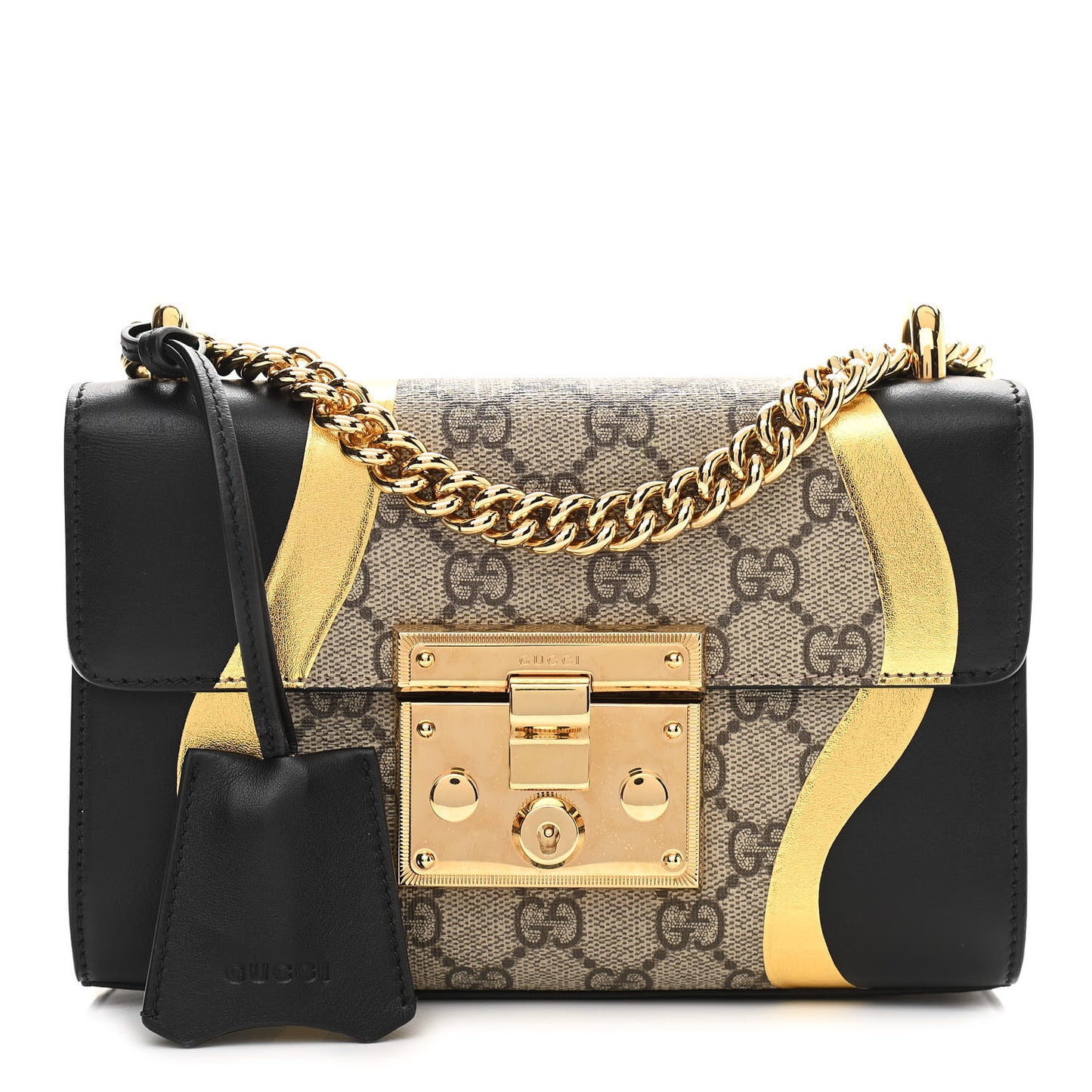 Calfskin GG Supreme Monogram Small Padlock Shoulder Bag Black Gold