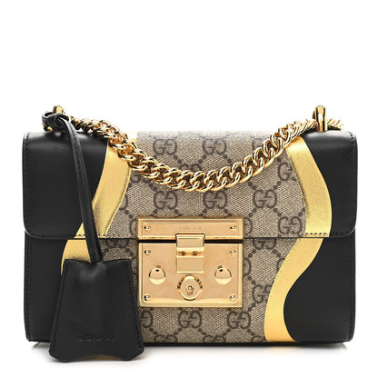 Gucci Calfskin GG Supreme Monogram Small Padlock Shoulder Bag Black Gold 1 of 13