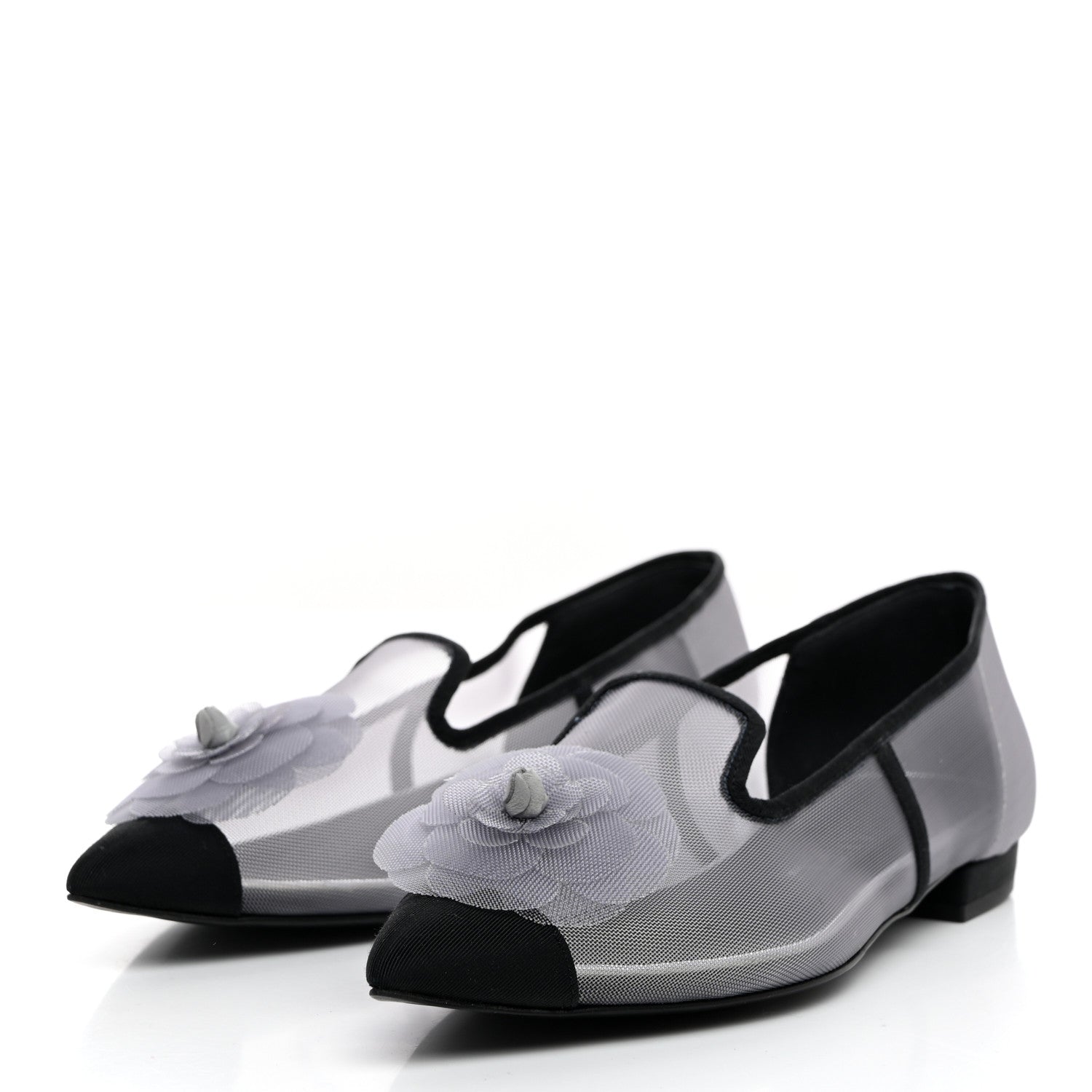 Chanel Mesh Grosgrain Camellia Mocassin Loafers 36 Grey Black 3 of 8