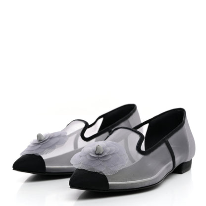 Chanel Mesh Grosgrain Camellia Mocassin Loafers 36 Grey Black 3 of 8