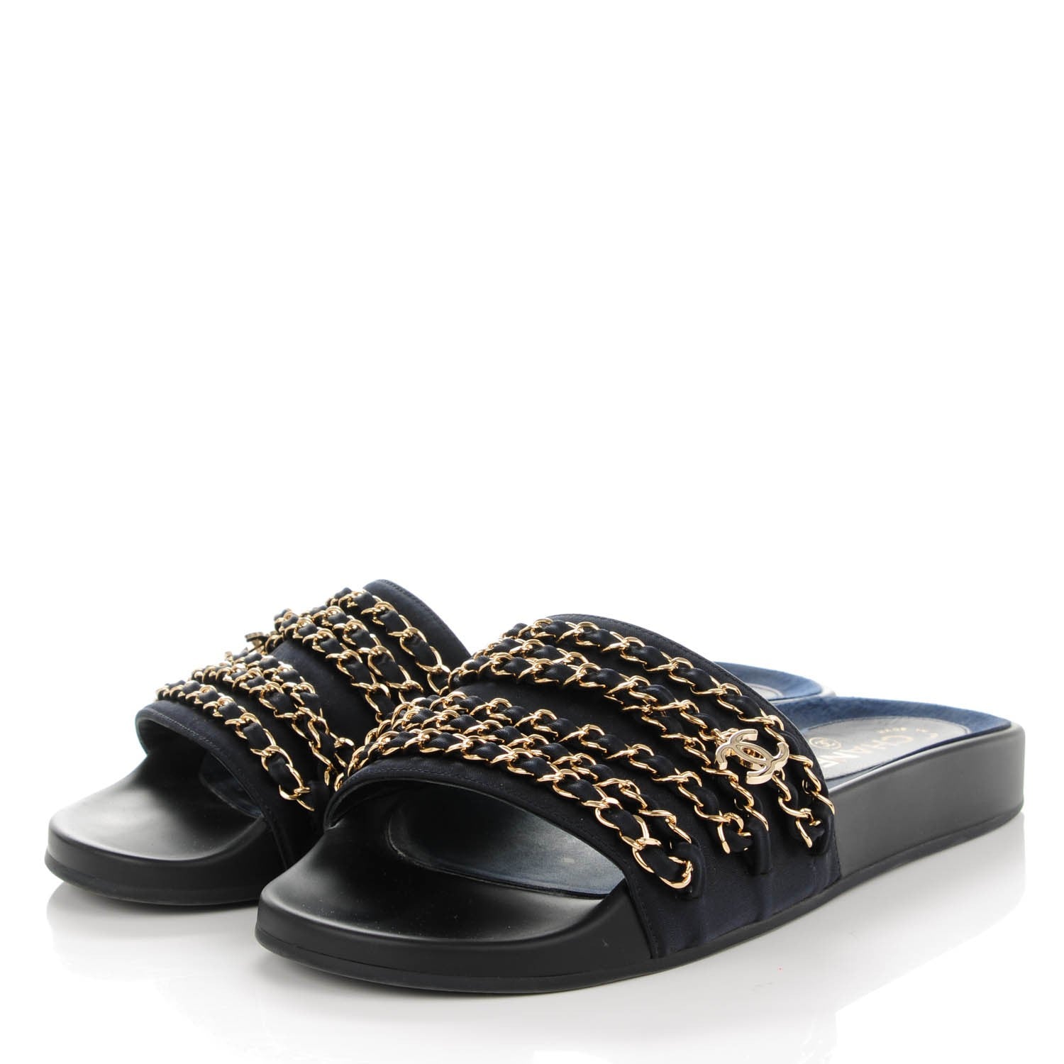 Chanel Lambskin Canvas Chain Flat Sandals 40 Navy 3 of 8