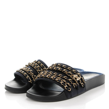 Chanel Lambskin Canvas Chain Flat Sandals 40 Navy 3 of 8