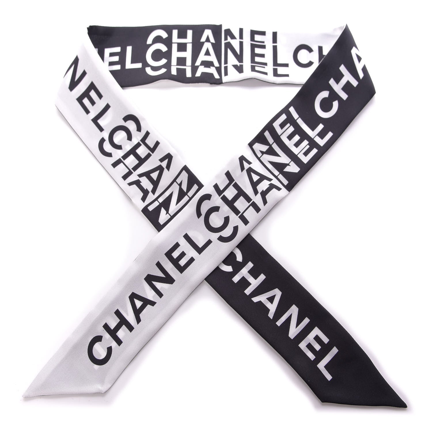 Chanel Silk Logo Slim Bandeau Scarf Black White 1 of 3