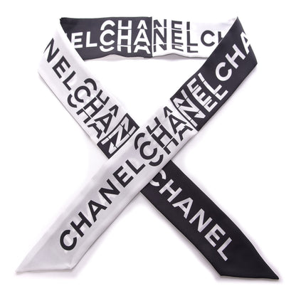 Chanel Silk Logo Slim Bandeau Scarf Black White 1 of 3