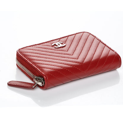 Chanel Caviar Chevron Quilted Zip Around Coin Purse Dark Red 4 of 7