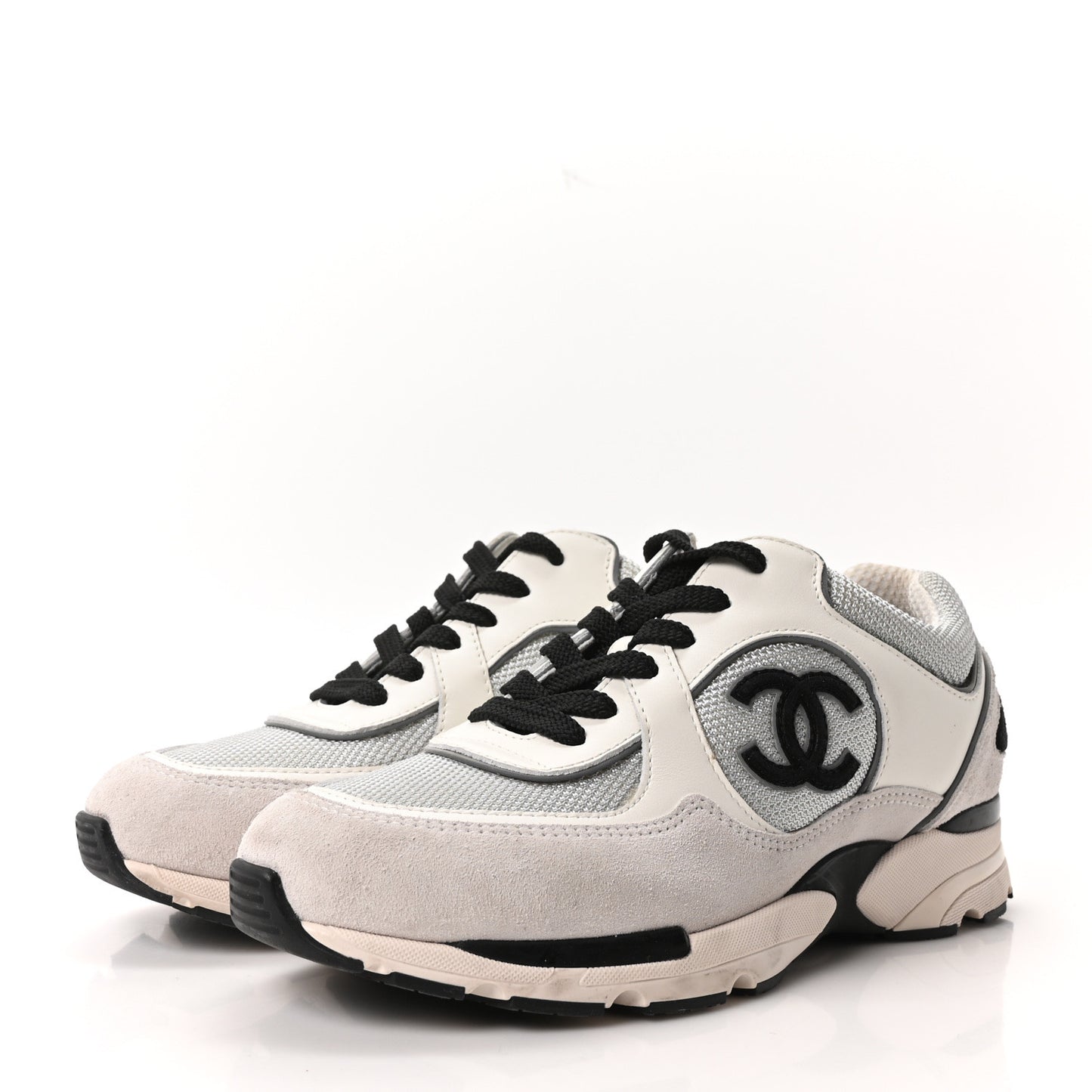 Mesh Suede Calfskin Grained Calfskin Womens CC Sneakers 37.5 White Silver Light Grey