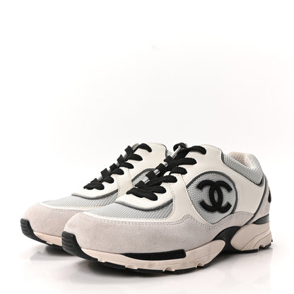 Chanel Mesh Suede Calfskin Grained Calfskin Womens CC Sneakers 37.5 White Silver Light Grey 4 of 8