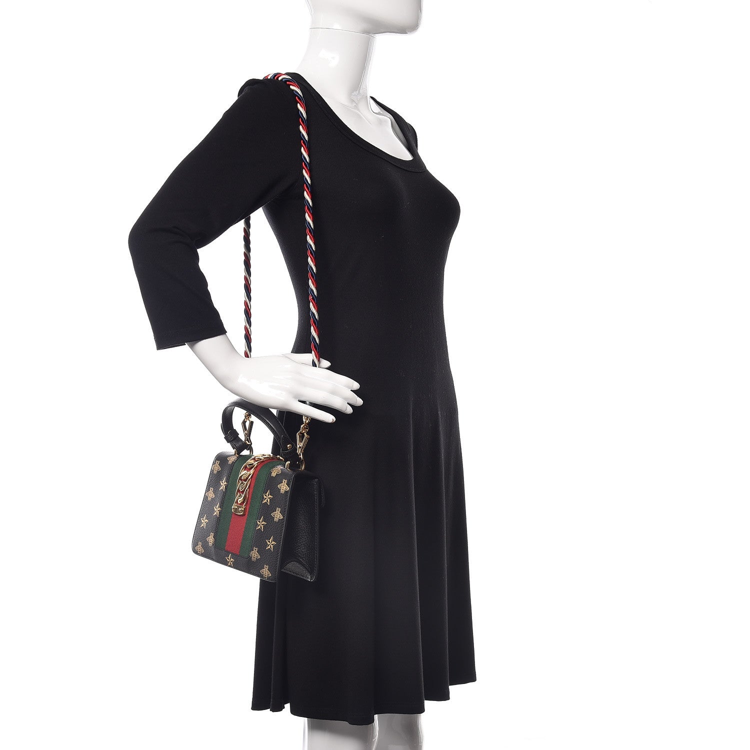 Gucci Textured Calfskin Bee Star Print Mini Sylvie Top Handle Bag Black 2 of 9