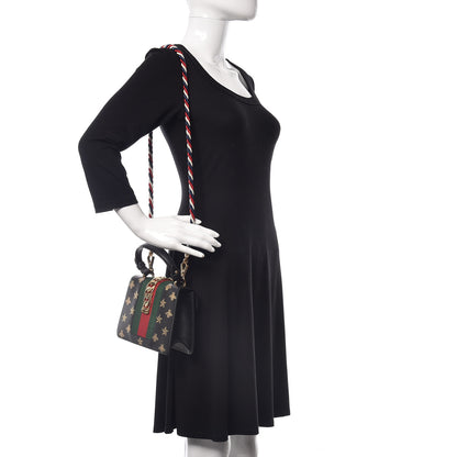 Gucci Textured Calfskin Bee Star Print Mini Sylvie Top Handle Bag Black 2 of 9