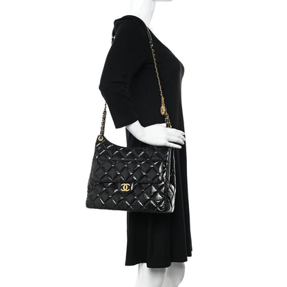Chanel Shiny Crumpled Calfskin Quilted Large Wavy CC Hobo Black 2 of 10