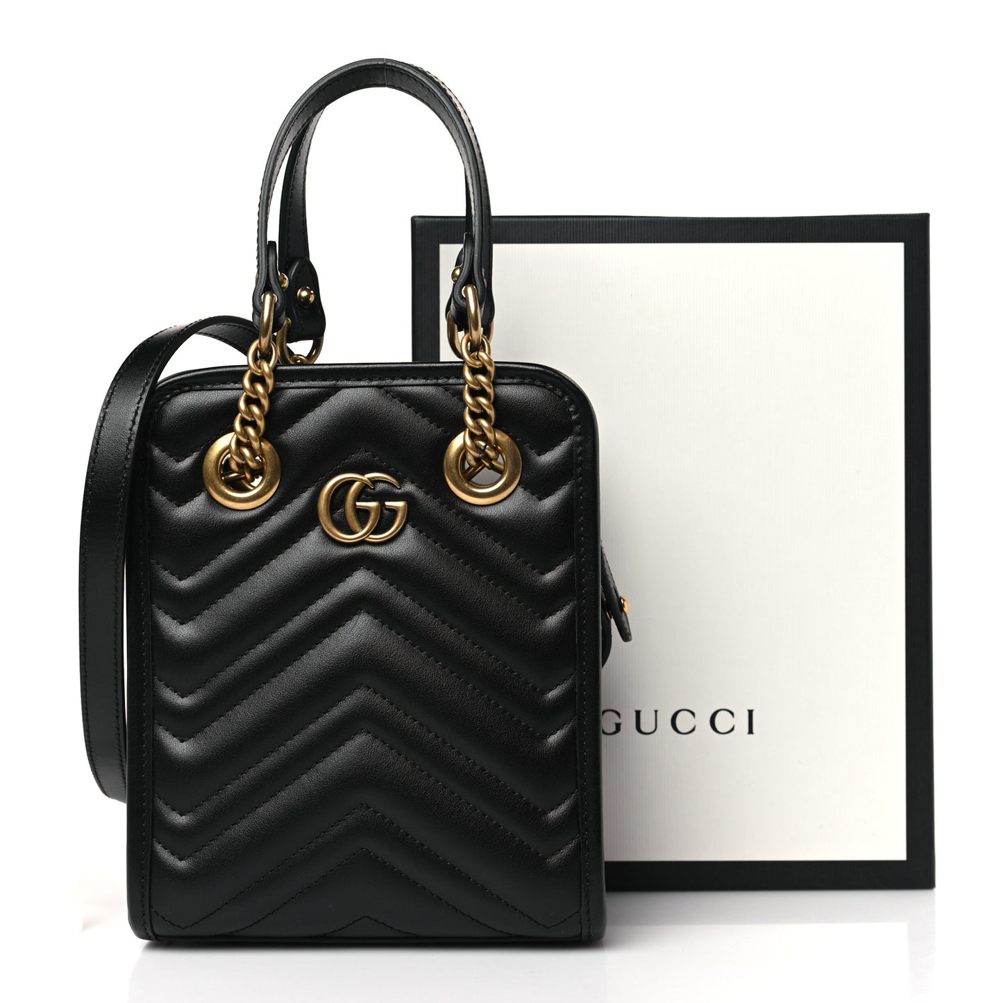 Calfskin Matelasse Chevron Mini GG Marmont Tote Black