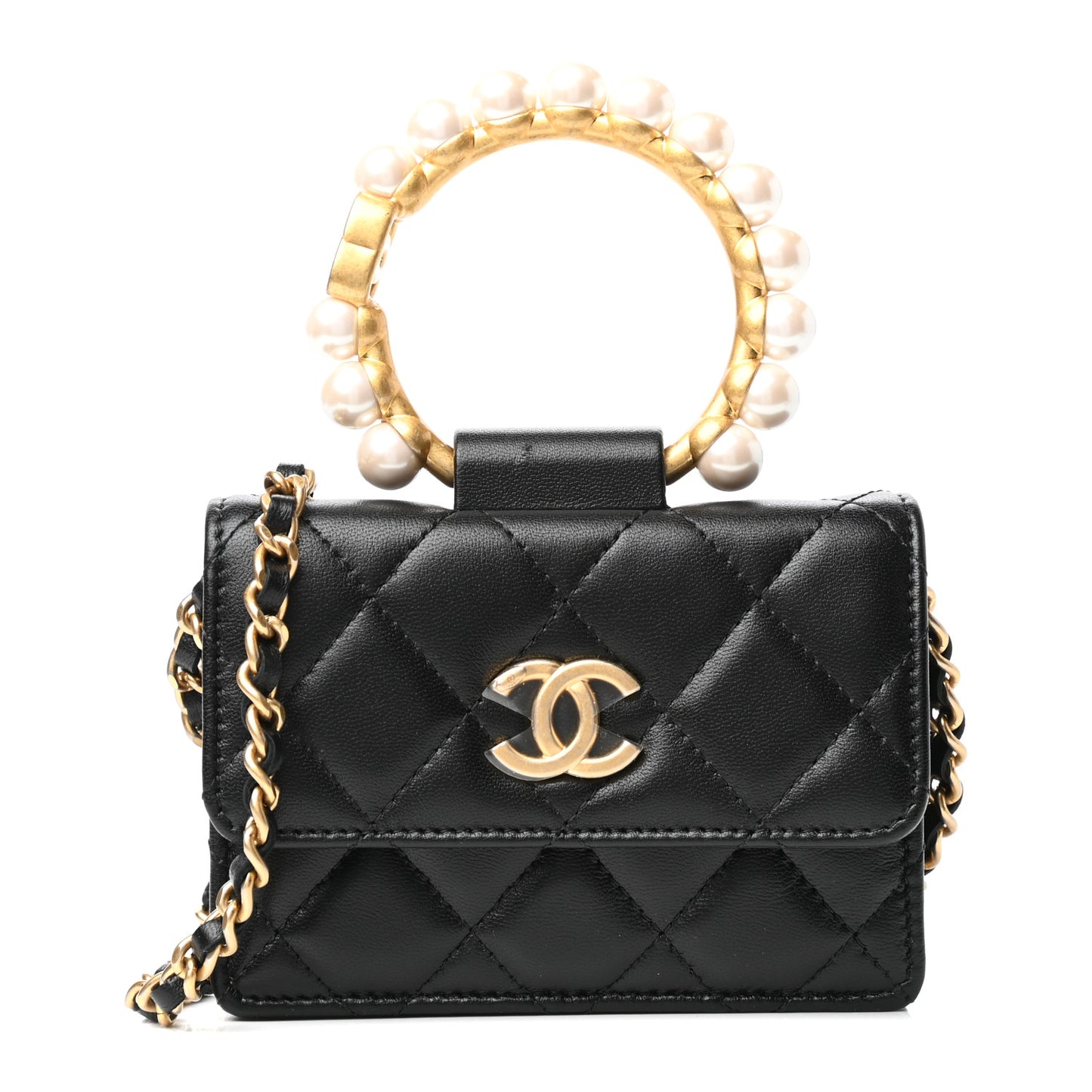 Lambskin Quilted Pearl Crown Clutch With Chain Black