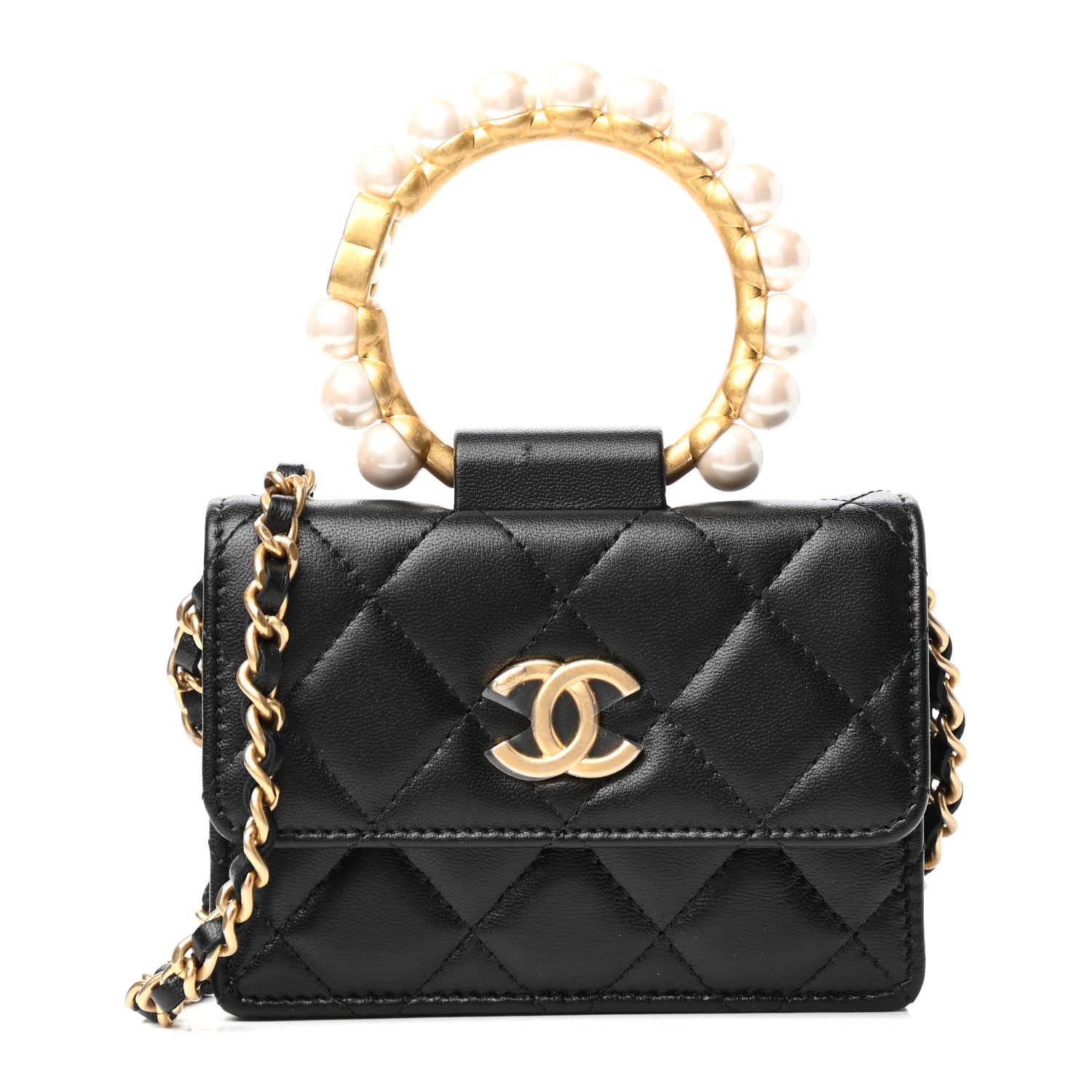 Chanel Lambskin Quilted Pearl Crown Clutch With Chain Black 1 of 10