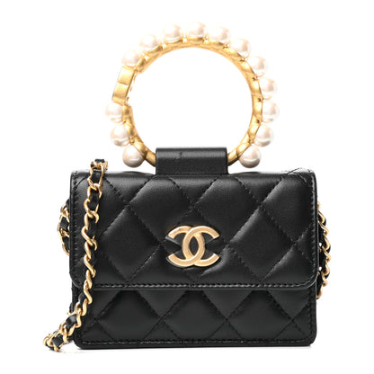 Chanel Lambskin Quilted Pearl Crown Clutch With Chain Black 1 of 10