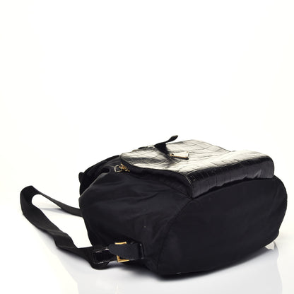 Prada Tessuto Nylon Crocodile Embossed Calfskin Cinch Backpack Black 4 of 14