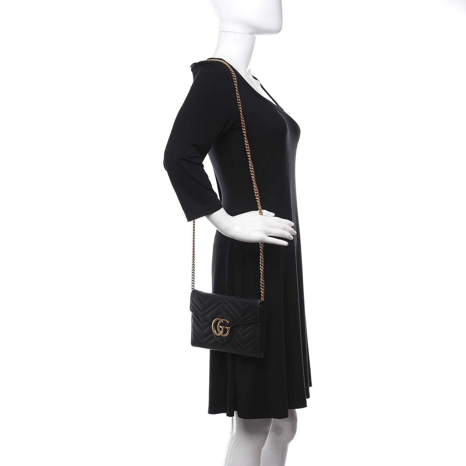 Gucci Calfskin Matelasse Mini GG Marmont Chain Wallet Black 2 of 8