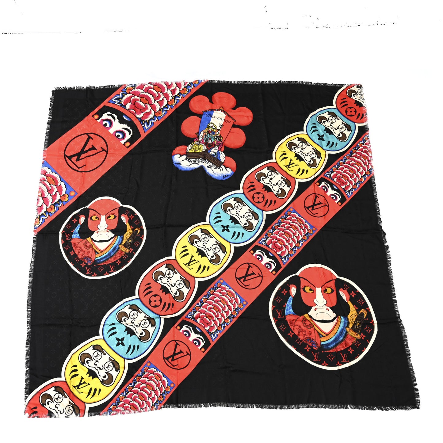 Silk Wool Monogram Kabuki Stickers Shawl Black