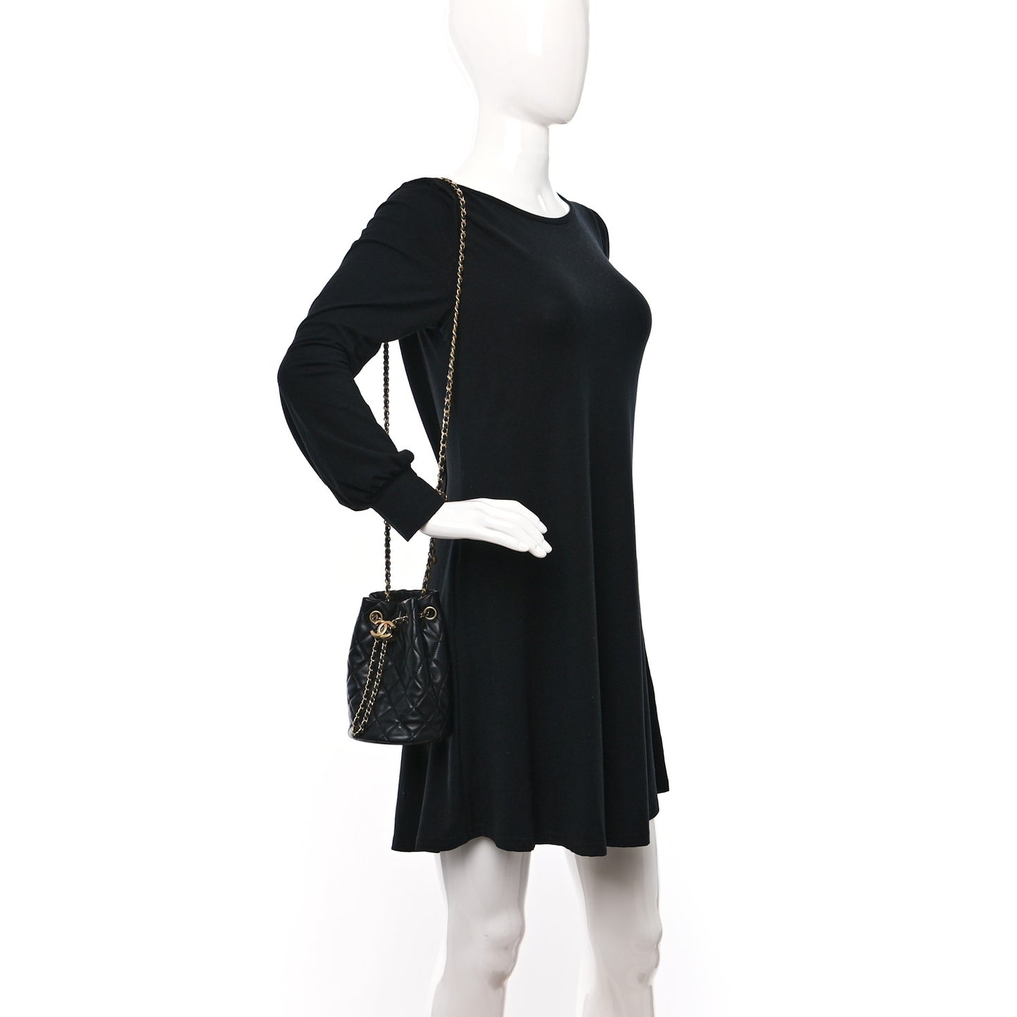 Lambskin Quilted Pearl Crush Drawstring Bag Black