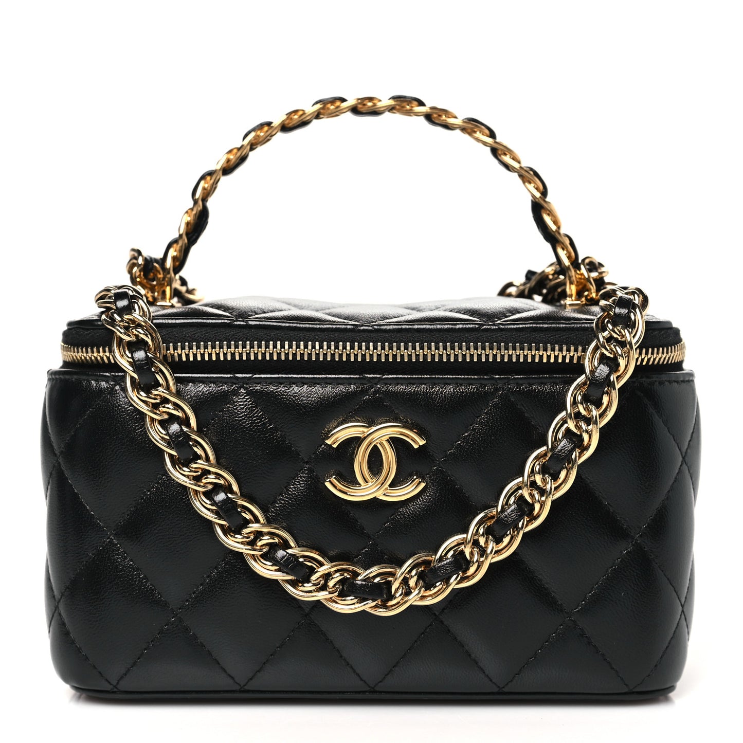 Lambskin Quilted Golden Links Top Handle Vanity Case With Chain Black