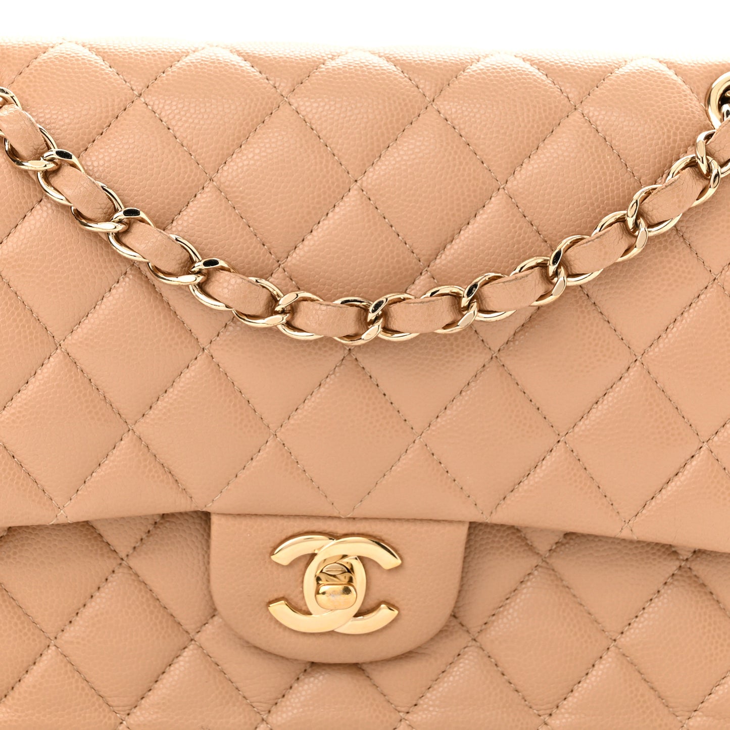 Caviar Quilted Medium Double Flap Beige