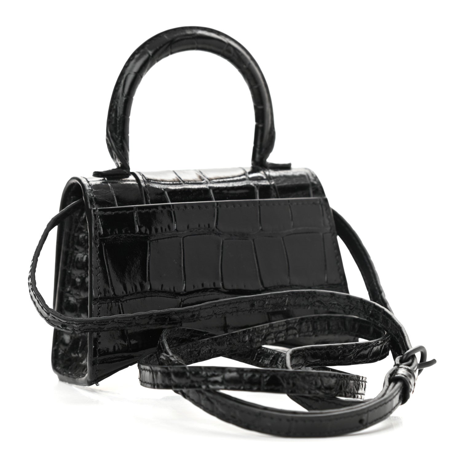Balenciaga Shiny Calfskin Monochrome Crocodile Embossed Hourglass Top Handle Bag Mini Black 2 of 9