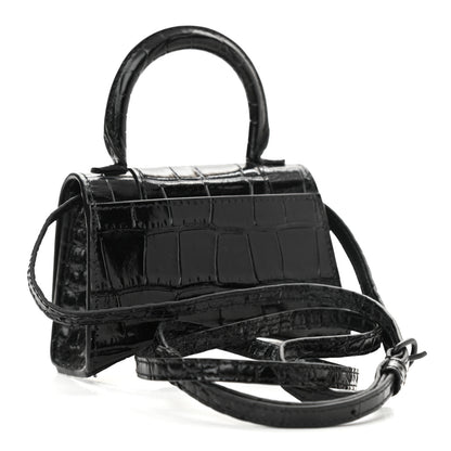 Balenciaga Shiny Calfskin Monochrome Crocodile Embossed Hourglass Top Handle Bag Mini Black 2 of 9